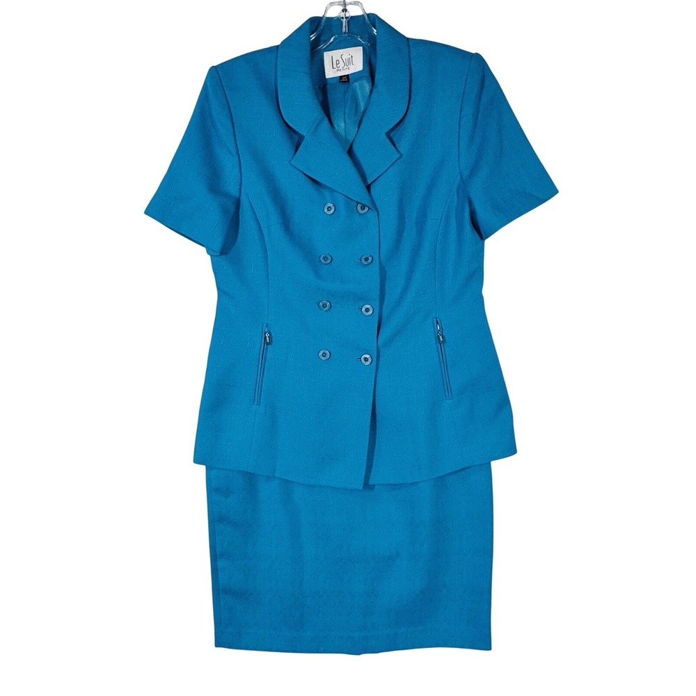Le Suit Petite Skirt Suit Womens 10P Blue 2PC Career Jacket Pencil Set